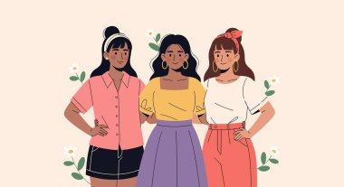 Farklı ten rengi, saç stili ve kıyafetleri olan, kol kola duran, gülümseyen ve altın halkalı küpeler takan üç kadının resmi..