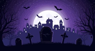 Mezarlık, perili köy, uçan yarasalar ve yıldızlı mor gökyüzüne karşı dolunay olan bir Cadılar Bayramı sahnesi..