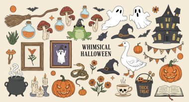 Hayaletler, balkabakları, iksirler, perili bir ev ve diğer ürkütücü unsurların yer aldığı Cadılar Bayramı temalı çizimler..