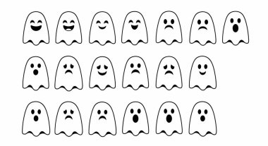 Bir dizi 21 karikatür hayalet ikonu, her biri benzersiz bir yüz ifadesine sahip, mutludan gülümsemeye, üzgün ve şaşırmış.