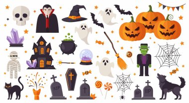 Cadılar Bayramı temalı ikonlar. Hayaletler, balkabakları, bir vampir, mezar taşları ve diğer ürkütücü elementler..