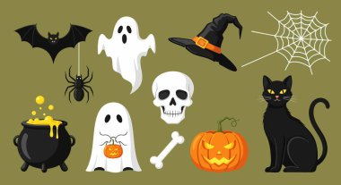 Cadılar Bayramı temalı çizgi film setinde yarasa, örümcek, hayalet, cadı şapkası, kafatası, kemik, siyah kedi, balkabağı, kazan ve örümcek ağı yer alıyor..