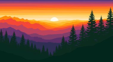 Turuncu, kırmızı ve mor tonlarında katmanlı dağları, siluetli yeşil ağaçları ve parlak bir güneş batışını barındıran stilize bir manzara..