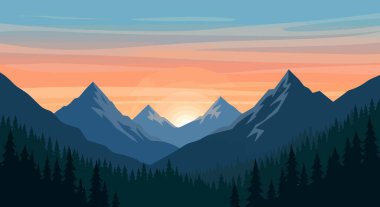 Ön planda yoğun bir çam ormanı olan biçimlendirilmiş bir dağ silsilesi turuncu ve mavi renklerde renkli bir günbatımı gökyüzüne karşı kurulmuştur..