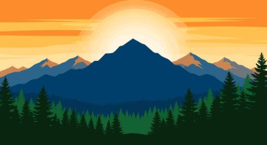 Siluetli dağların, sık bir ormanın ve canlı bir günbatımı gökyüzünün bulunduğu, huzurlu ve manzaralı bir manzara yaratan stilize bir manzara..