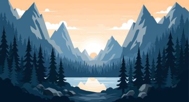 Göl, orman ve batan güneşli bir dağ sırasının düz bir tasarımı, barışçıl, doğal bir manzara yaratıyor..