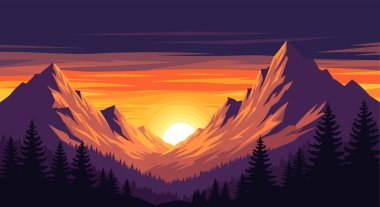 Sivri dağlar, siluetli ağaçlar ve zirveler arasında parlayan parlak bir güneş barındıran, turuncu bir parıltı oluşturan biçimlendirilmiş bir manzara..