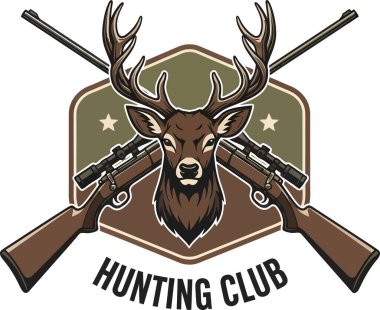 Büyük boynuzlu bir geyik kafası, dürbünlü çapraz tüfekler ve 