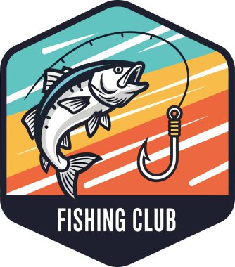 Bir stilize balık oltaya doğru sıçrar, eskimiş çizgili bir arka plana karşı koyu mavi altıgen rozet.