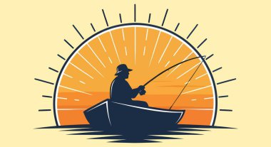 Koyu renk bir siluet, şapkalı bir balıkçının teknede oturması, biçimlendirilmiş turuncu bir günbatımına karşı olta tutması..