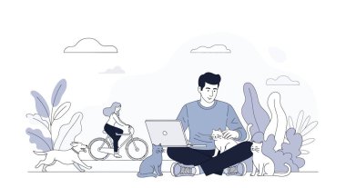 Kedilerle çevrili dizüstü bilgisayarı olan bir adam, bisikletli bir kadın ve şık bir açık hava ortamında koşan bir köpek..