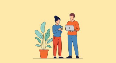 Telefon kullanan bir kadın ve dizüstü bilgisayar tutan bir erkek, büyük, yuvarlak yapraklı bir saksı bitkisinin yanında dikilirken resmedilmiş..