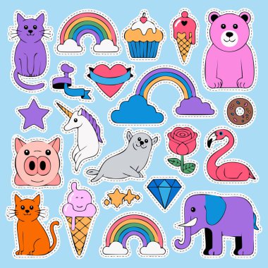 Canlı çıkartma kolajı. İçinde hayvan gökkuşağı, kek, dondurma ve neşeli şekiller var.