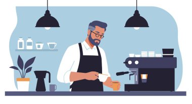 Gözlüklü ve sakallı bir barista elinde kahve makinesiyle kahve yapıyor..