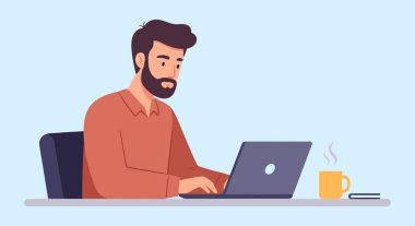 Sakallı bir adam dizüstü bilgisayarla çalışıyor. Buharlı sarı bir kahve fincanı ve masanın üzerinde bir kitap var..