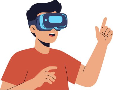 Mavi bir VR kulaklık takan bir adam sağ eliyle yukarıya doğru işaret ederken sol eli el hareketi yapıyor. Kırmızı bir gömlek giyiyor ve heyecanlı görünüyor..