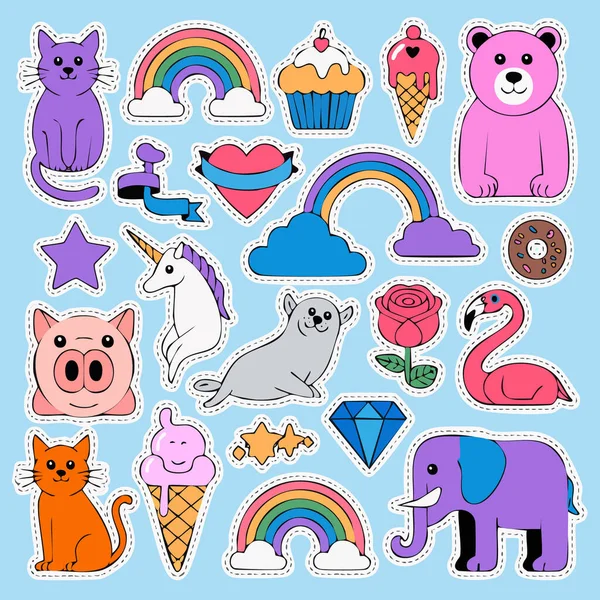 Canlı çıkartma kolajı. İçinde hayvan gökkuşağı, kek, dondurma ve neşeli şekiller var.