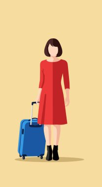 Üç çeyreklik kollu kırmızı elbiseli yüzü olmayan bir kadın, siyah çizmeli mavi bir valizin yanında duruyor..