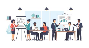 Bir toplantıda çeşitli profesyonellerden oluşan bir grup, çizelgeleri, grafikleri analiz ediyor ve modern ofis ortamında iş stratejilerini tartışıyor..