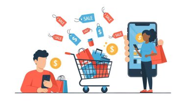 Çevrimiçi alışveriş için akıllı telefonları kullanan insanların tasviri, bir alışveriş arabası, satış etiketleri ve dolar işaretleri etrafta geziniyor..