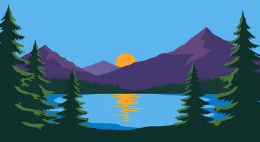 Gün batımını yansıtan bir gölün yer aldığı sakin bir sahne. Dağlar tarafından çerçevelenmiş ve biçimlendirilmiş, düz bir resimde yeşil ağaçlar..