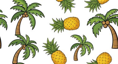 Çizgi film illüstrasyonunda hindistan cevizi ve olgun ananaslarla süslenmiş stilize edilmiş palmiye ağaçları, koyu siyah çizgilerle özetlenmiştir..