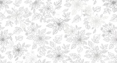 Çeşitli çiçek ve yapraklardan oluşan detaylı bir desen. Derinlik ve görsel ilgi yaratmak için ince çizgiler çizilmiş..