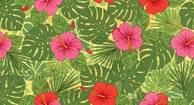 Pembe ve kırmızı amber çiçekleri, canavar yaprakları ve açık yeşil arkaplanda palmiye yapraklarından oluşan kusursuz bir desen..