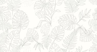 Çizilmiş canavar yaprakları ve eğrelti otu yapraklarının tekrar eden bir deseni, narin bir botanik tasarımı yaratıyor..