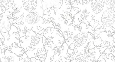 Kusursuz çizilmiş canavar yaprakları ve çiçek açan sarmaşıklar, temiz, minimalist estetik bir botanik tasarım yaratıyor..