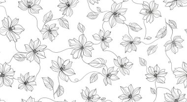 Hassas siyah çizgilerle çizilmiş ve görsel olarak çekici ve karmaşık bir tasarım oluşturan tekrar eden çiçek ve yaprak deseni..