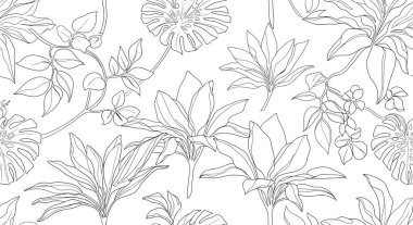 Canavarlar, geniş yapraklı bitkiler ve narin çiçekler de dahil olmak üzere tropikal bitkilerin ayrıntılı çizimleri kusursuz bir botanik desen oluşturuyor..