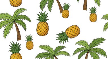 Şekillendirilmiş ananaslar, yeşil tepeli ve kahverengi gövdeli palmiye ağaçları ve çizgi film tarzında yeşil yapraklar..