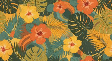 Turuncu ve sarı amber çiçekleri ve canavar yapraklarından oluşan pürüzsüz bir desen..