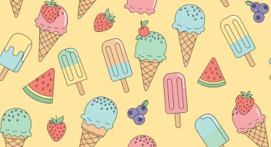 Açık sarı arkaplanda renkli dondurma külahları, buzlu dondurmalar, karpuz dilimleri, çilekler ve yabanmersinleri..