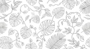 Monstera ve palmiye yaprakları gibi tropikal yaprakların hassas, dolambaçlı sarmaşıklarla sarmalanmış detaylı çizgilerini içeren karmaşık bir desen..