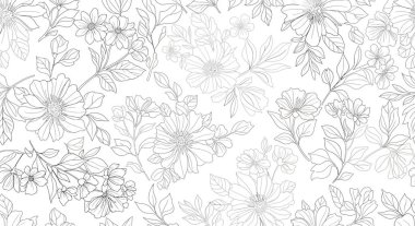 Değişen boyutlarda ve gri tonlarda kusursuz bir çiçek ve yaprak deseni, narin ve zarif bir botanik tasarım yaratıyor..