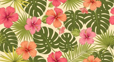 Pembe ve turuncu tonlarında, büyük yeşil canavarlar ve palmiye yapraklarıyla karışmış amber çiçekleri içeren pürüzsüz bir desen..