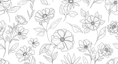 Kusursuz bir çiçek ve yaprak deseni. Tasarım, çeşitli çiçek şekilleri ve boyutlarda narin ve botanik bir estetik yaratıyor..