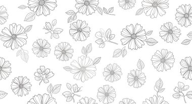 Çizilmiş papatyaların ve yaprakların tekrarlanan deseni. Çiçeklerin ayrıntılı merkezleri ve yaprakları farklı boyutlarda ve yönlerde olan basit taç yaprakları vardır..