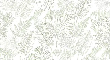 Tropikal yaprakların, eğrelti otları ve canavarlar da dahil olmak üzere ince, sessiz yeşil bir renge bürünmüş kusursuz bir desen..