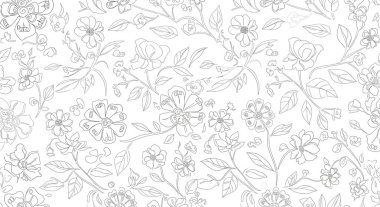 Kusursuz bir el yapımı çiçek ve yaprak deseni. Karmaşık çizgiler, çeşitli çiçek şekilleri ve boyutları içeriyor..