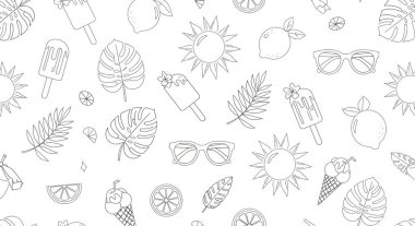 Yaz elementleriyle kusursuz desen: güneş, tropikal yapraklar, limonlar, dondurma külahları, buzlu şeker, güneş gözlüğü ve limon dilimleri, hepsi ana hatlarıyla..