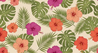 Kırmızı, pembe, turuncu ve yeşil tonlarda amber çiçekleri, canavar yaprakları ve palmiye yaprakları içeren kusursuz desenler..