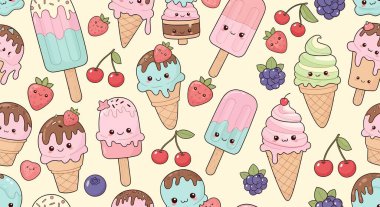 Tatlı kawaii tarzı dondurma külahları, buzlu dondurmalar, çilekler, kirazlar ve yabanmersinleri içeren kusursuz desenler. Hepsi de gülümseyen yüzler ve pastel renklerle..