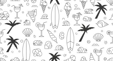 Palmiye ağaçları, sörf tahtaları, deniz kabukları, dalgalar, dondurma ve siyah çizgili kokteyl bardakları dahil olmak üzere kusursuz yaz temalı simgeler..