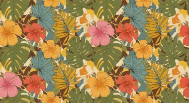 Yeşil canavar yaprakları ve mavi ve sarı palmiye yapraklarının yanında pembe, turuncu ve kırmızı çiçekleri içeren canlı bir desen..