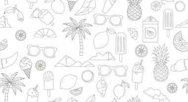 Sörf tahtaları, bikini mayosu, buzlu çeşitli içecekler, bir ananas ve bir şişe. Yaz tatili teması.