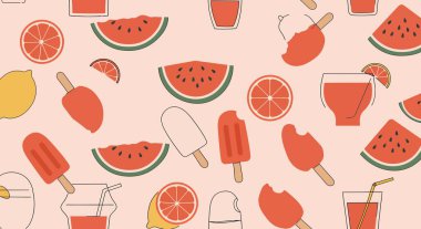 Karpuz dilimleri, turunçgil meyveleri, buzlu dondurmalar ve canlandırıcı içeceklerden oluşan canlı bir desen, yaz ve neşeli bir havayı çağrıştırıyor..