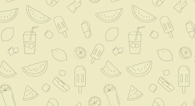 Taslak çizilmiş yaz ikramlarının kusursuz bir örneği: karpuz dilimleri, limonlar, buzlu şekerler ve buz küpleri ve pipetli bir içecek..